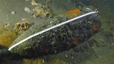 清代沉船，水下考古中水底发现的152毫米口径炮弹头。