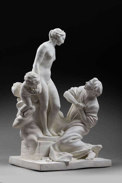 图5a 裸瓷雕塑组合匹哥马利翁与加拉提娅，高36.5厘米，基座宽深分别为22厘米和17厘米，现陈列于巴黎摆钟艺廊。图片由巴黎摆钟艺廊提供（见http://www.lapendulerie.com/）。