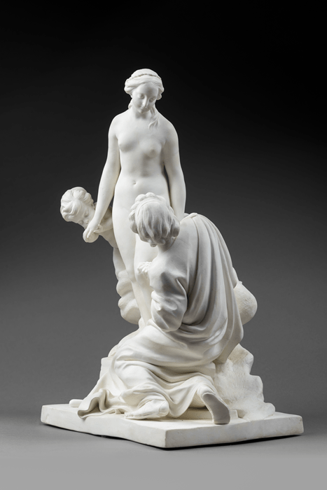 　图5c 裸瓷雕塑组合匹哥马利翁与加拉提娅，现陈列于巴黎摆钟艺廊。图片由巴黎摆钟艺廊提供（见http://www.lapendulerie.com/）。