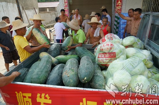 2016年7月27日，愛(ài)心企業(yè)向天門(mén)市黃潭鎮(zhèn)七屋嶺村贈(zèng)送1000公斤蔬菜和300箱飲用水。（記者  張先國(guó)  陳勇  趙融 攝）DSC01644_tn.jpg