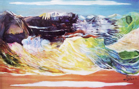 世界独创旋转油画《泥石流》（50×60cm） 2009年。此画旋转欣赏可出现四幅不同画面，属世界画面绝品。前无古人，后无来者。