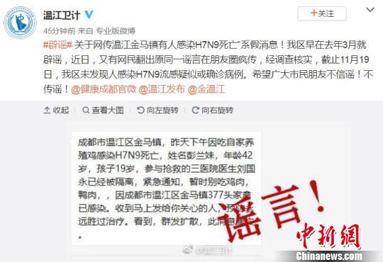 成都温江一人感染H7N9死亡？官方：纯属谣言