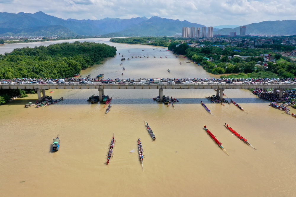 6月13日，在福建省福州市闽侯县大樟溪南港段，民间龙舟竞渡迎端午（无人机照片）。新华社记者 姜克红 摄