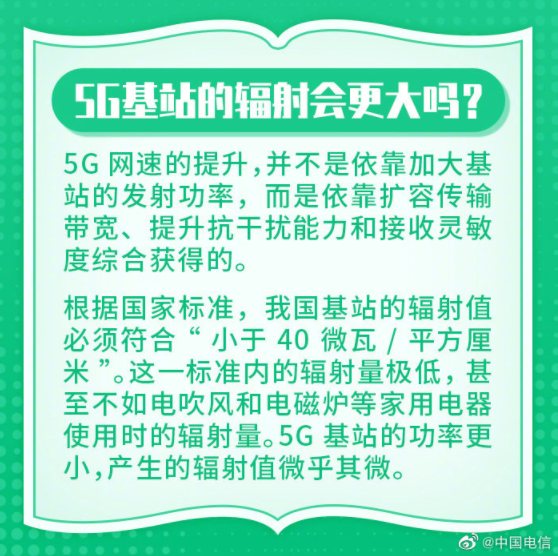 中國電信科普：5G 基站輻射不會更大 甚至不如電吹風(fēng)和電磁爐