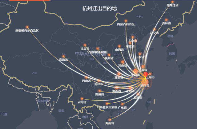 1月25日，杭州遷出目的地主要省份。圖自百度遷徙地圖