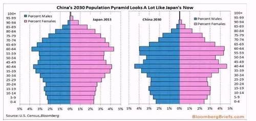 （人口年齡分布圖，左為日本，右為中國(guó)）